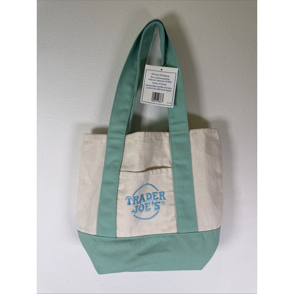 Trader Joe’s Mint Green Cream Spring Pastel Canvas Mini Tote Bag Small NWT